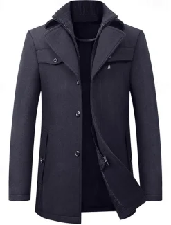 Men's Winter Coat Wool Coat Overcoat Business WorkWear Winter Wool Windproof Warm Outerwear Clothing Apparel Basic Essential Solid Colored Turndown