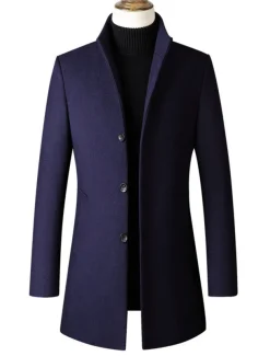 Men's Winter Coat Wool Coat Overcoat Office & Career Daily Wear Winter Polyester Thermal Warm Washable Outerwear Clothing Apparel Fashion Warm Ups Solid Colored Pocket Standing Collar Single Breasted