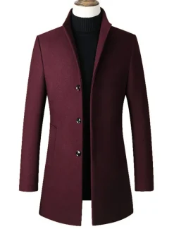 Men's Winter Coat Wool Coat Overcoat Office & Career Daily Wear Winter Polyester Thermal Warm Washable Outerwear Clothing Apparel Fashion Warm Ups Solid Colored Pocket Standing Collar Single Breasted