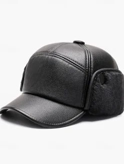 Men's Winter Faux Leather Baseball Cap – Warm Fleece-Lined with Ear Flaps, Stylish Black Cold Weather Hat for Outdoor Activities and Casual Wear