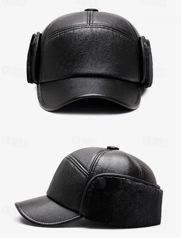 Men's Winter Faux Leather Baseball Cap – Warm Fleece-Lined with Ear Flaps, Stylish Black Cold Weather Hat for Outdoor Activities and Casual Wear