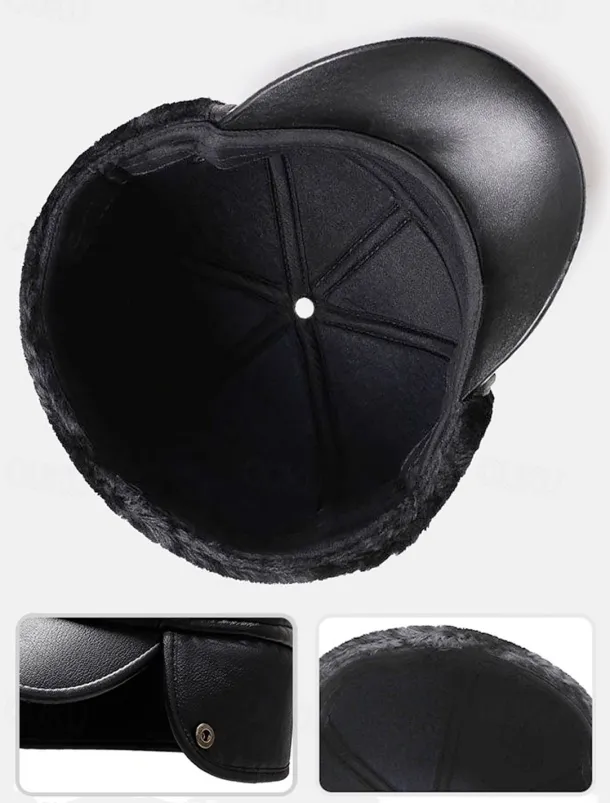 Men's Winter Faux Leather Baseball Cap – Warm Fleece-Lined with Ear Flaps, Stylish Black Cold Weather Hat for Outdoor Activities and Casual Wear