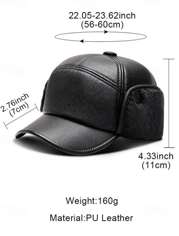 Men's Winter Faux Leather Baseball Cap – Warm Fleece-Lined with Ear Flaps, Stylish Black Cold Weather Hat for Outdoor Activities and Casual Wear