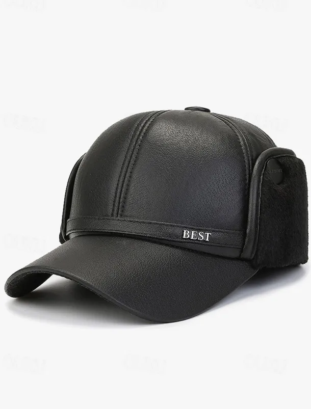 Men's Winter Faux Leather Baseball Cap – Warm Fleece-Lined with Ear Flaps, Stylish Black Cold Weather Hat for Outdoor Activities and Casual Wear