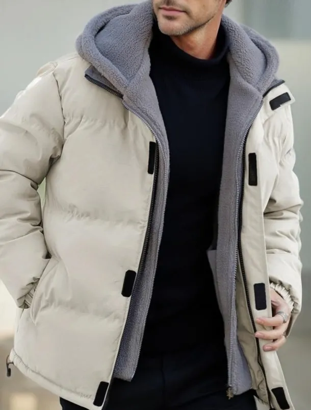 Men's Winter Jacket Puffer Jacket Fleece Jacket Padded 2 in 1 Fake two piece Polyster Hoodie Pocket Outdoor Date Casual Daily Regular Fashion Casual Thermal Warm Windproof Winter Plain Dark Grey