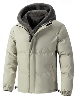 Men's Winter Jacket Puffer Jacket Fleece Jacket Padded 2 in 1 Fake two piece Polyster Hoodie Pocket Outdoor Date Casual Daily Regular Fashion Casual Thermal Warm Windproof Winter Plain Dark Grey