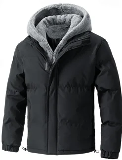 Men's Winter Jacket Puffer Jacket Fleece Jacket Padded 2 in 1 Fake two piece Polyster Hoodie Pocket Outdoor Date Casual Daily Regular Fashion Casual Thermal Warm Windproof Winter Plain Dark Grey