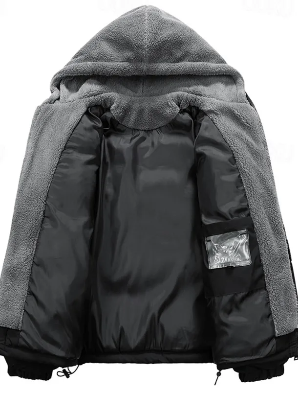Men's Winter Jacket Puffer Jacket Fleece Jacket Padded 2 in 1 Fake two piece Polyster Hoodie Pocket Outdoor Date Casual Daily Regular Fashion Casual Thermal Warm Windproof Winter Plain Dark Grey