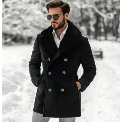 Men's Winter Jacket Wool Coat Coat Christmas Outdoor Fur Trim Buttons Winter Solid Color Christmas Elegant Fold-over Collar Regular Black Brown Jacket
