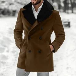 Men's Winter Jacket Wool Coat Coat Christmas Outdoor Fur Trim Buttons Winter Solid Color Christmas Elegant Fold-over Collar Regular Black Brown Jacket