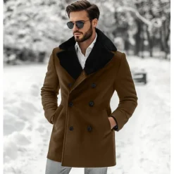 Men's Winter Jacket Wool Coat Coat Christmas Outdoor Fur Trim Buttons Winter Solid Color Christmas Elegant Fold-over Collar Regular Black Brown Jacket