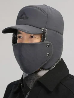 Men's Winter Thermal Insulated Cap with Detachable Face Mask - Windproof and Waterproof Earflap Hat for Outdoor Activities