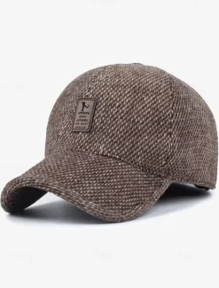 Men's Winter Woolen Baseball Cap with Ear Flaps – Warm and Stylish Herringbone Pattern Hat, Available in Gray, Dark Gray, and Brown, Perfect for Outdoor Activities in Cold Weather