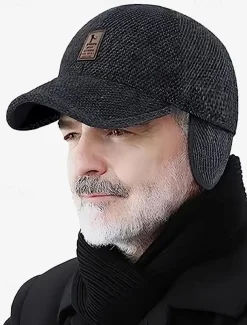Men's Winter Woolen Baseball Cap with Ear Flaps – Warm and Stylish Herringbone Pattern Hat, Available in Gray, Dark Gray, and Brown, Perfect for Outdoor Activities in Cold Weather