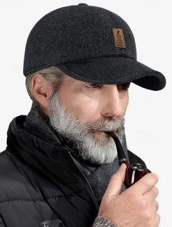 Men's Winter Woolen Baseball Cap with Ear Flaps – Warm and Stylish Herringbone Pattern Hat, Available in Gray, Dark Gray, and Brown, Perfect for Outdoor Activities in Cold Weather
