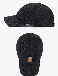 Men's Winter Woolen Baseball Cap with Ear Flaps – Warm and Stylish Herringbone Pattern Hat, Available in Gray, Dark Gray, and Brown, Perfect for Outdoor Activities in Cold Weather