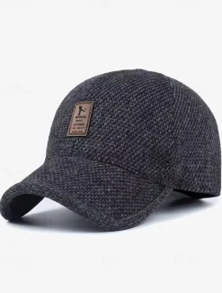 Men's Winter Woolen Baseball Cap with Ear Flaps – Warm and Stylish Herringbone Pattern Hat, Available in Gray, Dark Gray, and Brown, Perfect for Outdoor Activities in Cold Weather