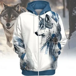 Men's Wolf Hoodie Hoodies Sweatshirt Fashion Cool Long Sleeve Hooded Vacation Gym Blue Drawstring Fall Winter Designer