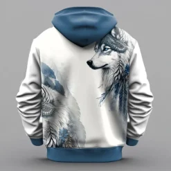 Men's Wolf Hoodie Hoodies Sweatshirt Fashion Cool Long Sleeve Hooded Vacation Gym Blue Drawstring Fall Winter Designer