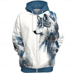 Men's Wolf Hoodie Hoodies Sweatshirt Fashion Cool Long Sleeve Hooded Vacation Gym Blue Drawstring Fall Winter Designer