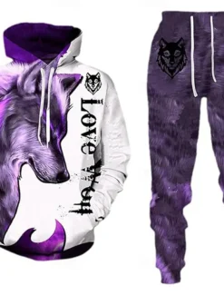 Men's Wolf 2pcs 3D Sweatshirt Sets Tracksuit Hoodie Sweatshirt Long Sleeve Long pants Hooded Streetwear Casual Daily Athleisure 3D Print Graphic Spring Fall Winter Violet Red