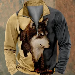 Men's Wolf Sweatshirts Sweatshirt Zip Sweatshirt Quarter Zip Sweatshirt Long Sleeve Sweatshirt Half Zip Zip Quarter Zip Cool Daily Casual 3D Printing Vacation Going out Streetwear Zipper Half Zip