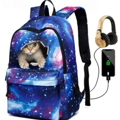 Men's Women's Kid's Backpack School Bag Bookbag 3D Print Functional Backpack Daily Galaxy 3D Print Canvas Large Capacity Waterproof Zipper Blue Light Purple Fuchsia