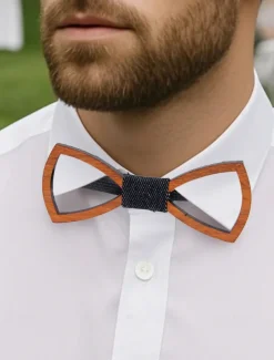 Men's Wooden Laser-Cut Bow Tie with Black Denim Accent – Stylish and Unique Fashion Accessory for Weddings, Parties and Formal Occasions