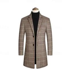 Men's Wool Coat Overcoat Trench Coat Long Trench Coat Daily Vacation Fall & Winter Polyester Thermal Warm Windproof Outerwear Clothing Apparel Fashion Classic Plaid Pocket Lapel Single Breasted