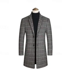 Men's Wool Coat Overcoat Trench Coat Long Trench Coat Daily Vacation Fall & Winter Polyester Thermal Warm Windproof Outerwear Clothing Apparel Fashion Classic Plaid Pocket Lapel Single Breasted