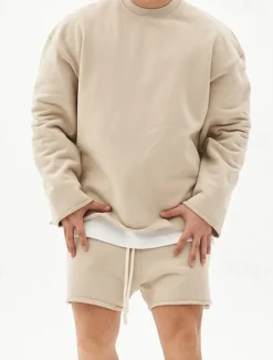 Men's Workout Set Tracksuit Sweatshirt & Shorts Set Outfit Set Crew Neck Outdoor Daily Sports Pocket Drawstring 2 Piece Plain Black White Khaki Activewear Classic Casual Summer