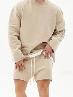 Men's Workout Set Tracksuit Sweatshirt & Shorts Set Outfit Set Crew Neck Outdoor Daily Sports Pocket Drawstring 2 Piece Plain Black White Khaki Activewear Classic Casual Summer