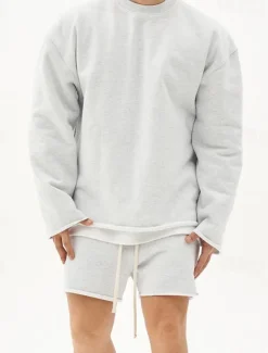 Men's Workout Set Tracksuit Sweatshirt & Shorts Set Outfit Set Crew Neck Outdoor Daily Sports Pocket Drawstring 2 Piece Plain Black White Khaki Activewear Classic Casual Summer