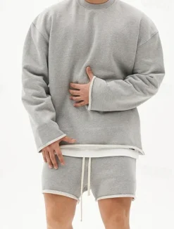 Men's Workout Set Tracksuit Sweatshirt & Shorts Set Outfit Set Crew Neck Outdoor Daily Sports Pocket Drawstring 2 Piece Plain Black White Khaki Activewear Classic Casual Summer