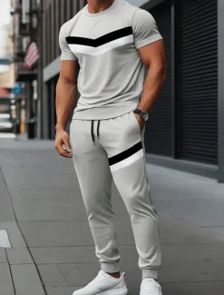 Men's Workout Set Tracksuit T shirt & Pants Set Outfit Set Crew Neck Outdoor Daily Sports Pocket Drawstring 2 Piece Color Block Black Light Grey Polyester Activewear Classic Casual Summer