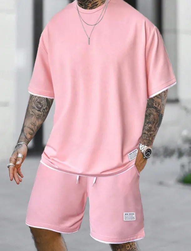 Men's Workout Set Tracksuit T shirt & Shorts Set Outfit Set Crew Neck Outdoor Daily Sports Pocket Drawstring 2 Piece Plain Light Green Pink Red Polyester Activewear Classic Casual Summer