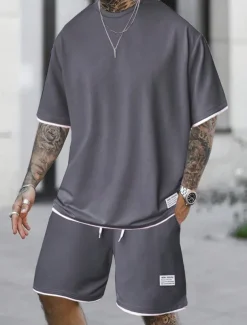 Men's Workout Set Tracksuit T shirt & Shorts Set Outfit Set Crew Neck Outdoor Daily Sports Pocket Drawstring 2 Piece Plain Light Green Pink Red Polyester Activewear Classic Casual Summer