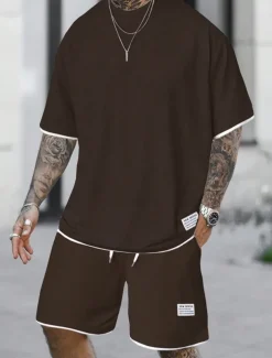 Men's Workout Set Tracksuit T shirt & Shorts Set Outfit Set Crew Neck Outdoor Daily Sports Pocket Drawstring 2 Piece Plain Light Green Pink Red Polyester Activewear Classic Casual Summer