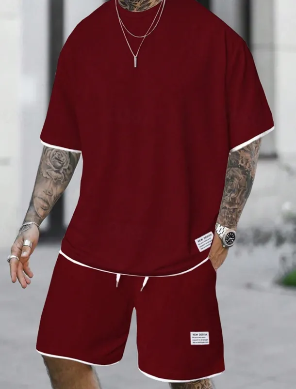 Men's Workout Set Tracksuit T shirt & Shorts Set Outfit Set Crew Neck Outdoor Daily Sports Pocket Drawstring 2 Piece Plain Light Green Pink Red Polyester Activewear Classic Casual Summer