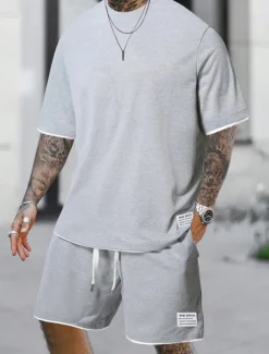 Men's Workout Set Tracksuit T shirt & Shorts Set Outfit Set Crew Neck Outdoor Daily Sports Pocket Drawstring 2 Piece Plain Light Green Pink Red Polyester Activewear Classic Casual Summer