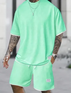 Men's Workout Set Tracksuit T shirt & Shorts Set Outfit Set Crew Neck Outdoor Daily Sports Pocket Drawstring 2 Piece Plain Light Green Pink Red Polyester Activewear Classic Casual Summer