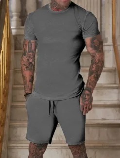 Men's Workout Set Tracksuit T shirt & Shorts Set Outfit Set Crew Neck Outdoor Daily Sports Pocket Drawstring 2 Piece Plain Black White Yellow Polyester Activewear Classic Casual Summer