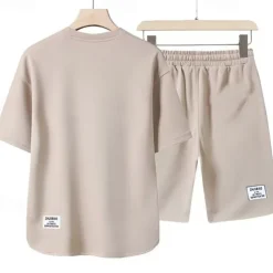 Men's Workout Set Tracksuit T shirt & Shorts Set Outfit Set Crew Neck Outdoor Daily Sports Pocket Drawstring 2 Piece Plain Black White Apricot Polyester Activewear Classic Casual Summer