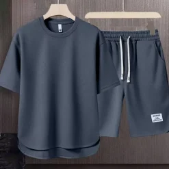 Men's Workout Set Tracksuit T shirt & Shorts Set Outfit Set Crew Neck Outdoor Daily Sports Pocket Drawstring 2 Piece Plain Black White Apricot Polyester Activewear Classic Casual Summer