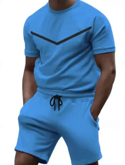 Men's Workout Set Tracksuit T shirt & Shorts Set Crew Neck Outdoor Daily Sports Pocket Drawstring 2 Piece Color Block Black White Yellow Polyester Activewear Classic Casual Summer