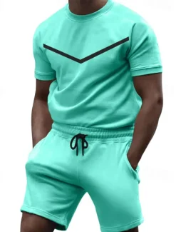 Men's Workout Set Tracksuit T shirt & Shorts Set Crew Neck Outdoor Daily Sports Pocket Drawstring 2 Piece Color Block Black White Yellow Polyester Activewear Classic Casual Summer