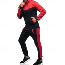 Men's Workout Set Tracksuit Full Zip Hoodie Hoodie & Pants Outfit Set Hoodie Hooded Outdoor Daily Sports Pocket Drawstring 2 Piece Color Block Black White Red Polyester Activewear Classic Casual