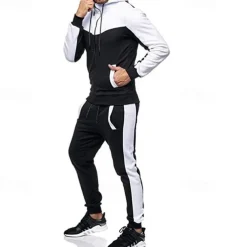 Men's Workout Set Tracksuit Full Zip Hoodie Hoodie & Pants Outfit Set Hoodie Hooded Outdoor Daily Sports Pocket Drawstring 2 Piece Color Block Black White Red Polyester Activewear Classic Casual