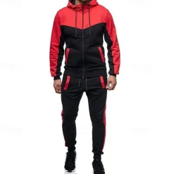 Men's Workout Set Tracksuit Full Zip Hoodie Hoodie & Pants Outfit Set Hoodie Hooded Outdoor Daily Sports Pocket Drawstring 2 Piece Color Block Black White Red Polyester Activewear Classic Casual