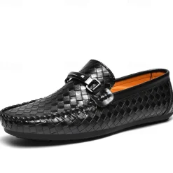 Men's Woven Leather Loafers - Stylish Buckle Slip-On Dress Shoes for Formal and Casual Occasions